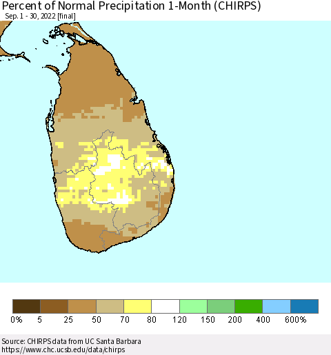 Sri Lanka Percent of Normal Precipitation 1-Month (CHIRPS) Thematic Map For 9/1/2022 - 9/30/2022