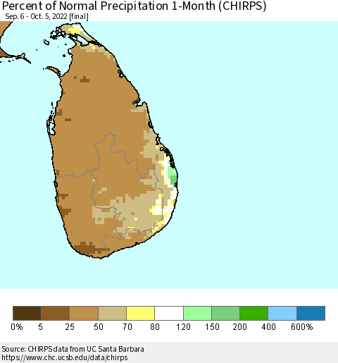 Sri Lanka Percent of Normal Precipitation 1-Month (CHIRPS) Thematic Map For 9/6/2022 - 10/5/2022