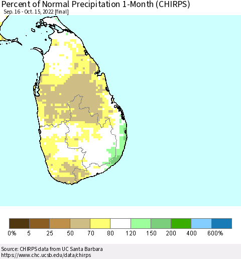Sri Lanka Percent of Normal Precipitation 1-Month (CHIRPS) Thematic Map For 9/16/2022 - 10/15/2022