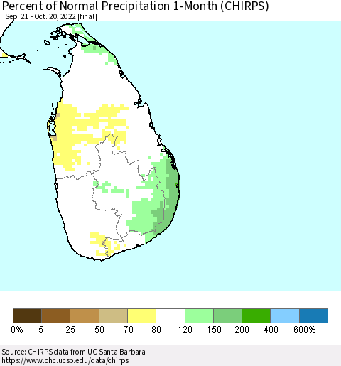 Sri Lanka Percent of Normal Precipitation 1-Month (CHIRPS) Thematic Map For 9/21/2022 - 10/20/2022