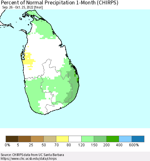 Sri Lanka Percent of Normal Precipitation 1-Month (CHIRPS) Thematic Map For 9/26/2022 - 10/25/2022