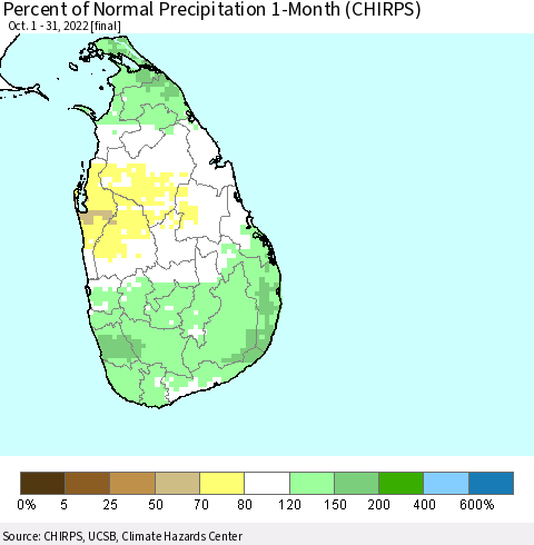 Sri Lanka Percent of Normal Precipitation 1-Month (CHIRPS) Thematic Map For 10/1/2022 - 10/31/2022