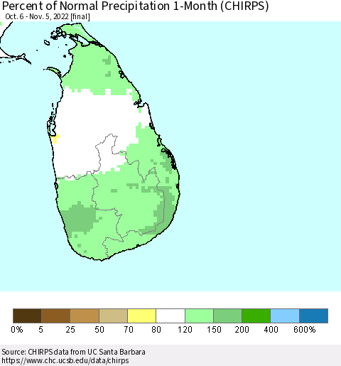 Sri Lanka Percent of Normal Precipitation 1-Month (CHIRPS) Thematic Map For 10/6/2022 - 11/5/2022