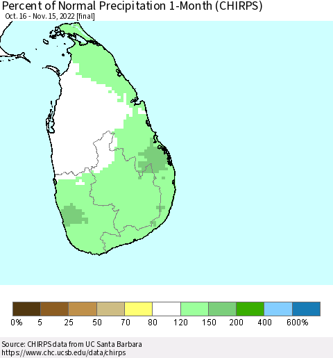 Sri Lanka Percent of Normal Precipitation 1-Month (CHIRPS) Thematic Map For 10/16/2022 - 11/15/2022