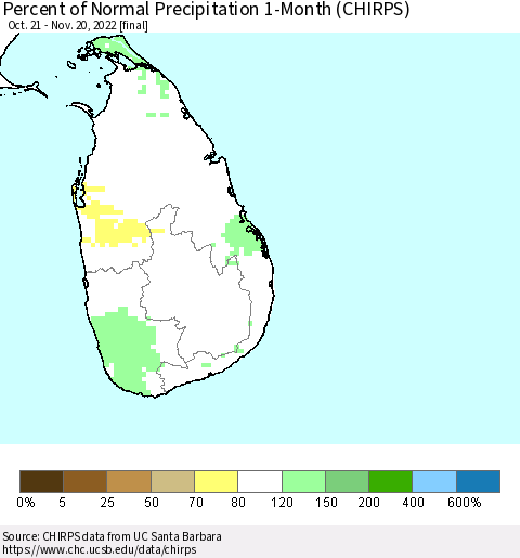 Sri Lanka Percent of Normal Precipitation 1-Month (CHIRPS) Thematic Map For 10/21/2022 - 11/20/2022