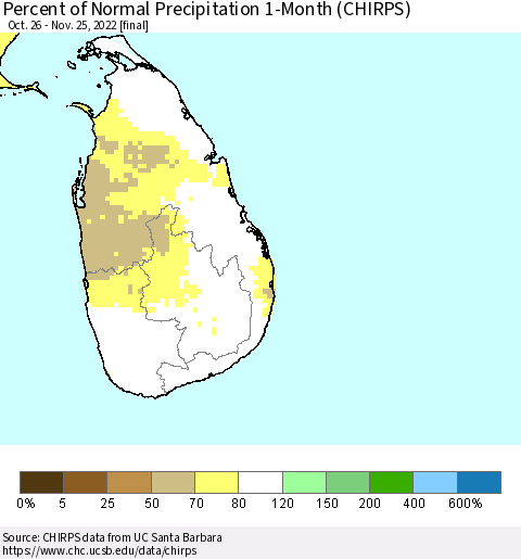 Sri Lanka Percent of Normal Precipitation 1-Month (CHIRPS) Thematic Map For 10/26/2022 - 11/25/2022