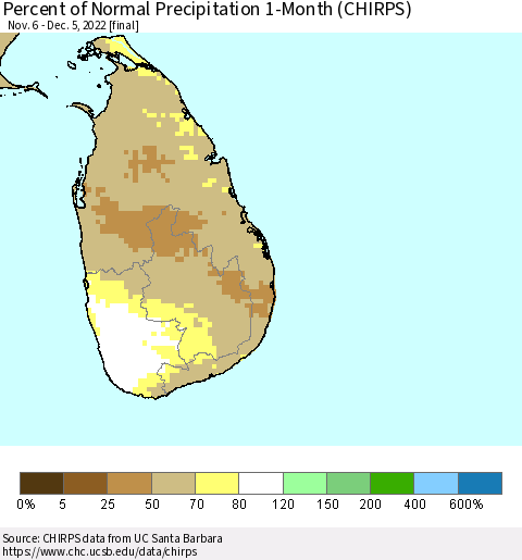 Sri Lanka Percent of Normal Precipitation 1-Month (CHIRPS) Thematic Map For 11/6/2022 - 12/5/2022