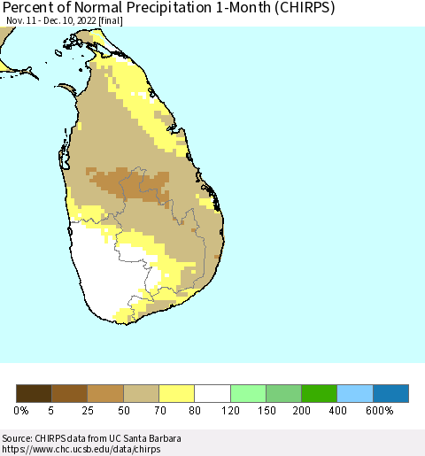 Sri Lanka Percent of Normal Precipitation 1-Month (CHIRPS) Thematic Map For 11/11/2022 - 12/10/2022