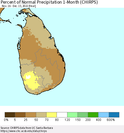 Sri Lanka Percent of Normal Precipitation 1-Month (CHIRPS) Thematic Map For 11/16/2022 - 12/15/2022