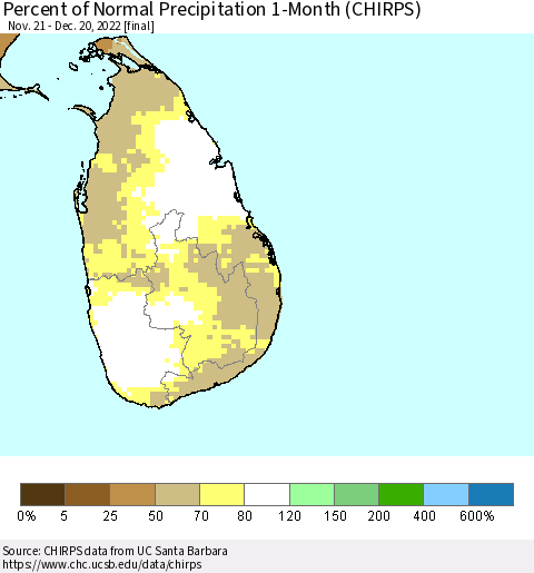 Sri Lanka Percent of Normal Precipitation 1-Month (CHIRPS) Thematic Map For 11/21/2022 - 12/20/2022