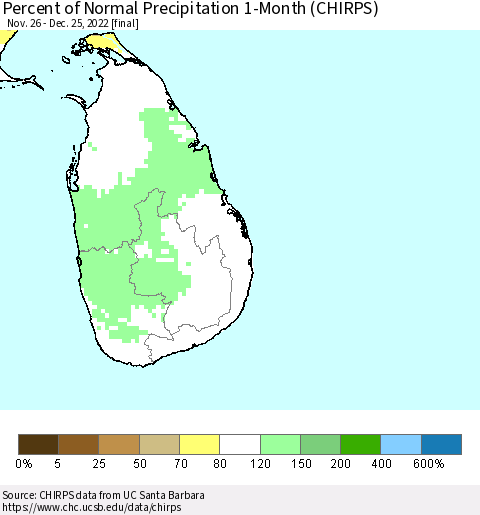 Sri Lanka Percent of Normal Precipitation 1-Month (CHIRPS) Thematic Map For 11/26/2022 - 12/25/2022