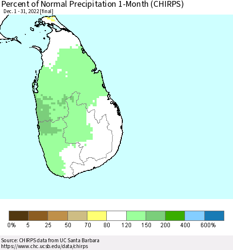 Sri Lanka Percent of Normal Precipitation 1-Month (CHIRPS) Thematic Map For 12/1/2022 - 12/31/2022