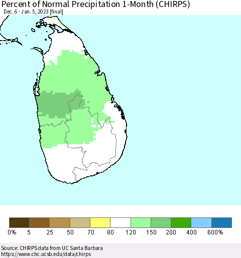 Sri Lanka Percent of Normal Precipitation 1-Month (CHIRPS) Thematic Map For 12/6/2022 - 1/5/2023