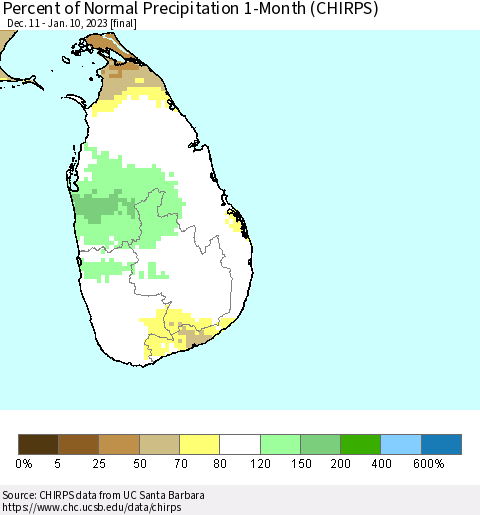 Sri Lanka Percent of Normal Precipitation 1-Month (CHIRPS) Thematic Map For 12/11/2022 - 1/10/2023