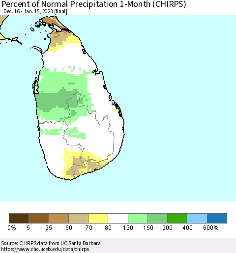 Sri Lanka Percent of Normal Precipitation 1-Month (CHIRPS) Thematic Map For 12/16/2022 - 1/15/2023