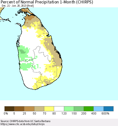 Sri Lanka Percent of Normal Precipitation 1-Month (CHIRPS) Thematic Map For 12/21/2022 - 1/20/2023