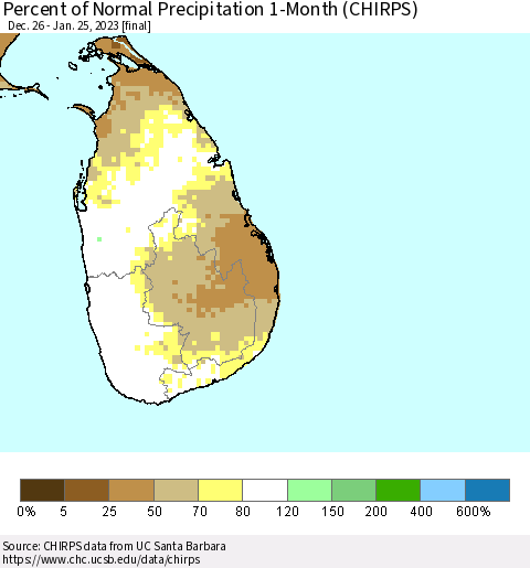 Sri Lanka Percent of Normal Precipitation 1-Month (CHIRPS) Thematic Map For 12/26/2022 - 1/25/2023
