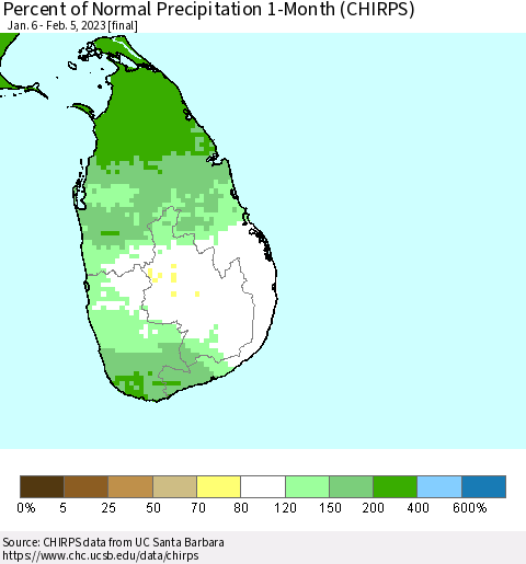 Sri Lanka Percent of Normal Precipitation 1-Month (CHIRPS) Thematic Map For 1/6/2023 - 2/5/2023