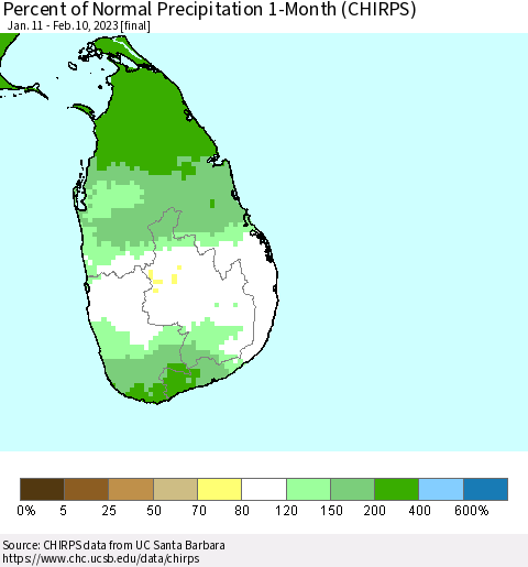 Sri Lanka Percent of Normal Precipitation 1-Month (CHIRPS) Thematic Map For 1/11/2023 - 2/10/2023