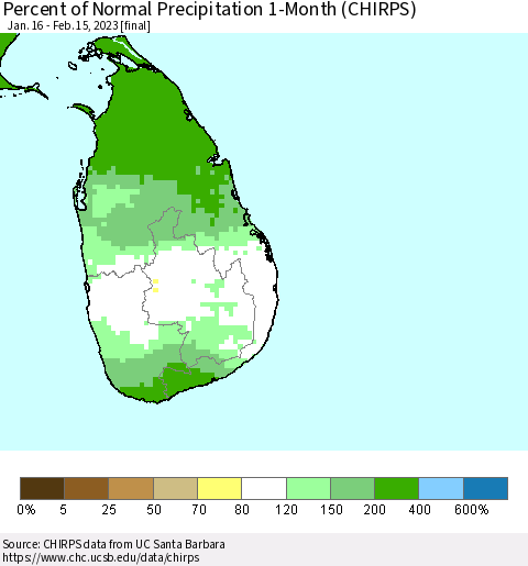 Sri Lanka Percent of Normal Precipitation 1-Month (CHIRPS) Thematic Map For 1/16/2023 - 2/15/2023
