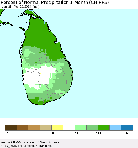 Sri Lanka Percent of Normal Precipitation 1-Month (CHIRPS) Thematic Map For 1/21/2023 - 2/20/2023