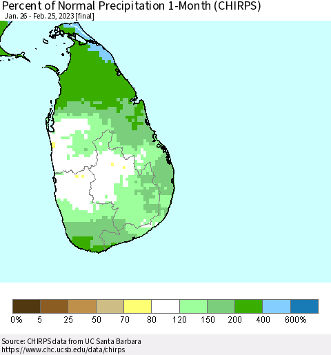 Sri Lanka Percent of Normal Precipitation 1-Month (CHIRPS) Thematic Map For 1/26/2023 - 2/25/2023