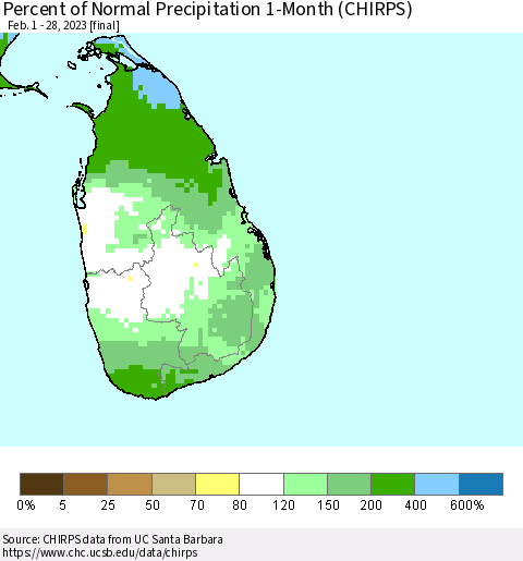 Sri Lanka Percent of Normal Precipitation 1-Month (CHIRPS) Thematic Map For 2/1/2023 - 2/28/2023