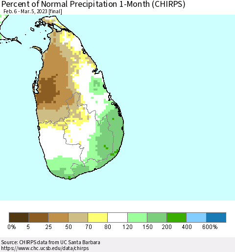 Sri Lanka Percent of Normal Precipitation 1-Month (CHIRPS) Thematic Map For 2/6/2023 - 3/5/2023