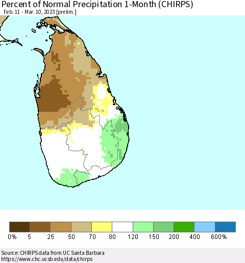 Sri Lanka Percent of Normal Precipitation 1-Month (CHIRPS) Thematic Map For 2/11/2023 - 3/10/2023