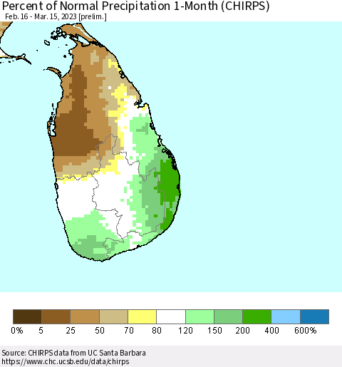 Sri Lanka Percent of Normal Precipitation 1-Month (CHIRPS) Thematic Map For 2/16/2023 - 3/15/2023