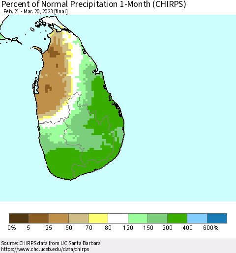 Sri Lanka Percent of Normal Precipitation 1-Month (CHIRPS) Thematic Map For 2/21/2023 - 3/20/2023