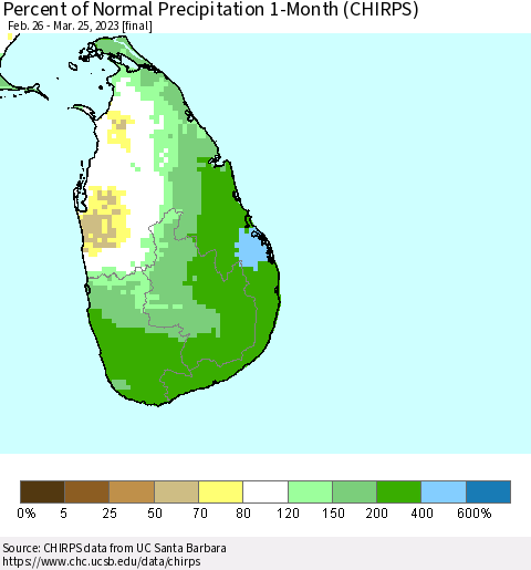 Sri Lanka Percent of Normal Precipitation 1-Month (CHIRPS) Thematic Map For 2/26/2023 - 3/25/2023