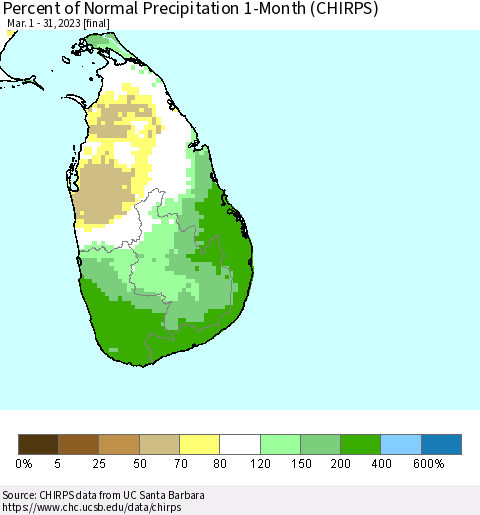 Sri Lanka Percent of Normal Precipitation 1-Month (CHIRPS) Thematic Map For 3/1/2023 - 3/31/2023