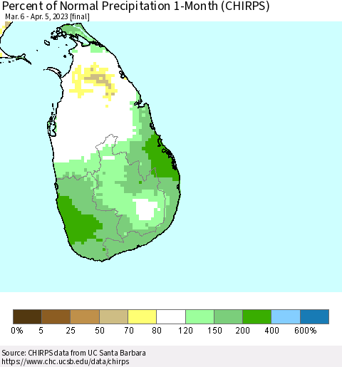 Sri Lanka Percent of Normal Precipitation 1-Month (CHIRPS) Thematic Map For 3/6/2023 - 4/5/2023