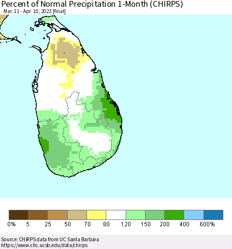 Sri Lanka Percent of Normal Precipitation 1-Month (CHIRPS) Thematic Map For 3/11/2023 - 4/10/2023