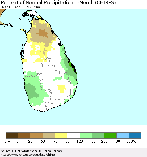 Sri Lanka Percent of Normal Precipitation 1-Month (CHIRPS) Thematic Map For 3/16/2023 - 4/15/2023