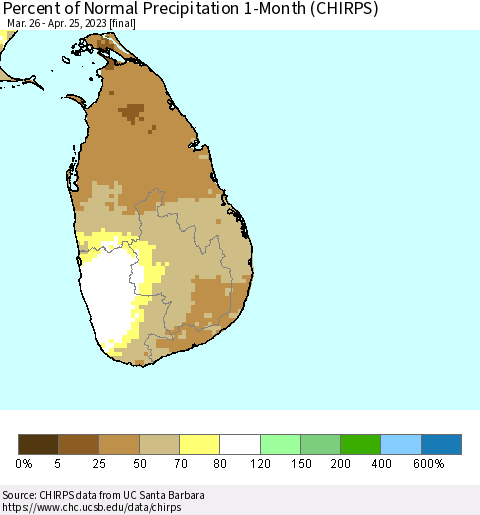Sri Lanka Percent of Normal Precipitation 1-Month (CHIRPS) Thematic Map For 3/26/2023 - 4/25/2023