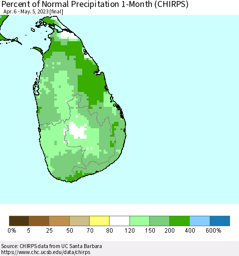 Sri Lanka Percent of Normal Precipitation 1-Month (CHIRPS) Thematic Map For 4/6/2023 - 5/5/2023