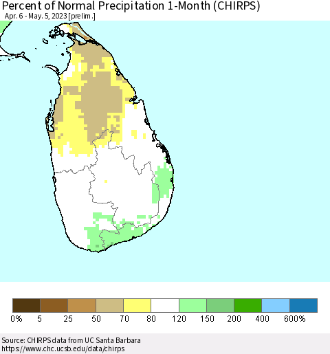 Sri Lanka Percent of Normal Precipitation 1-Month (CHIRPS) Thematic Map For 4/6/2023 - 5/5/2023