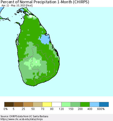 Sri Lanka Percent of Normal Precipitation 1-Month (CHIRPS) Thematic Map For 4/11/2023 - 5/10/2023