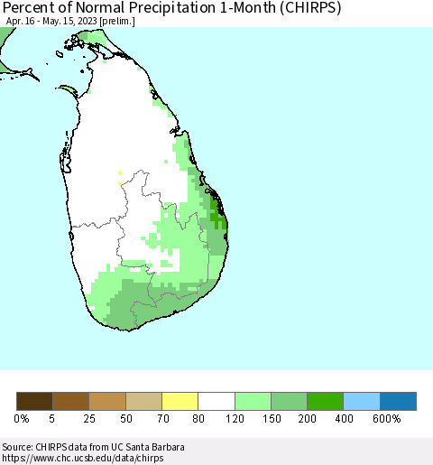 Sri Lanka Percent of Normal Precipitation 1-Month (CHIRPS) Thematic Map For 4/16/2023 - 5/15/2023