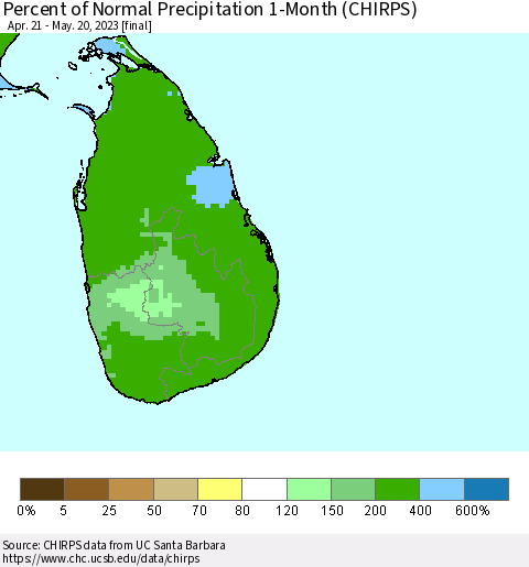 Sri Lanka Percent of Normal Precipitation 1-Month (CHIRPS) Thematic Map For 4/21/2023 - 5/20/2023