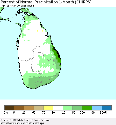 Sri Lanka Percent of Normal Precipitation 1-Month (CHIRPS) Thematic Map For 4/21/2023 - 5/20/2023