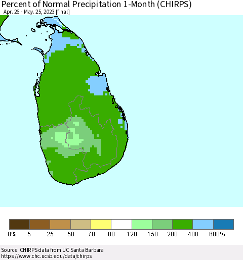 Sri Lanka Percent of Normal Precipitation 1-Month (CHIRPS) Thematic Map For 4/26/2023 - 5/25/2023