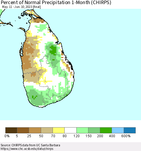 Sri Lanka Percent of Normal Precipitation 1-Month (CHIRPS) Thematic Map For 5/11/2023 - 6/10/2023