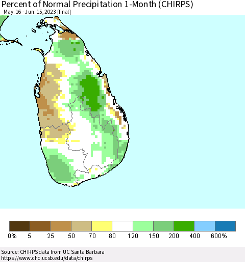 Sri Lanka Percent of Normal Precipitation 1-Month (CHIRPS) Thematic Map For 5/16/2023 - 6/15/2023
