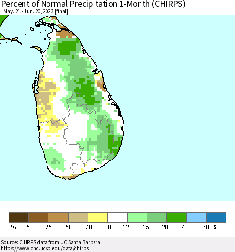Sri Lanka Percent of Normal Precipitation 1-Month (CHIRPS) Thematic Map For 5/21/2023 - 6/20/2023