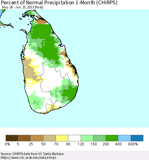 Sri Lanka Percent of Normal Precipitation 1-Month (CHIRPS) Thematic Map For 5/26/2023 - 6/25/2023