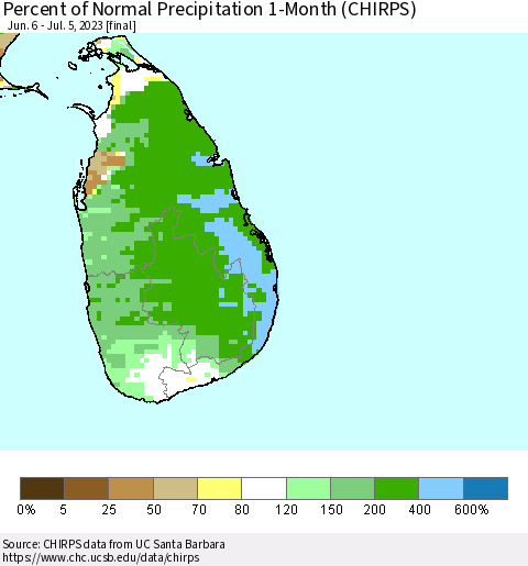 Sri Lanka Percent of Normal Precipitation 1-Month (CHIRPS) Thematic Map For 6/6/2023 - 7/5/2023