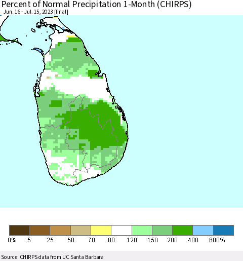 Sri Lanka Percent of Normal Precipitation 1-Month (CHIRPS) Thematic Map For 6/16/2023 - 7/15/2023